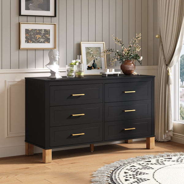 English Elm 6-drawer Solid Wood Dresser Mid-century Modern Gray Finish with Metal Bar Handles Black W1445P419756