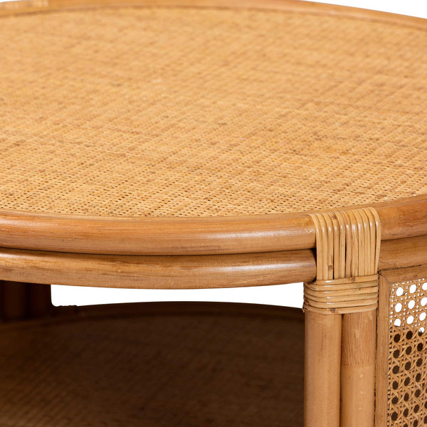 English Elm Modern Rattan Round Coffee Table with Open Weave Frame and Lower Shelf for Living Rooms B2750P467693