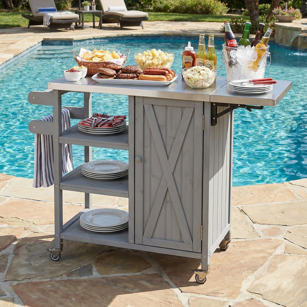 English Elm Foldable Outdoor Kitchen Cart with Stainless Worktop Fir Wood Frame and Lockable Wheels Grey N719P380281K