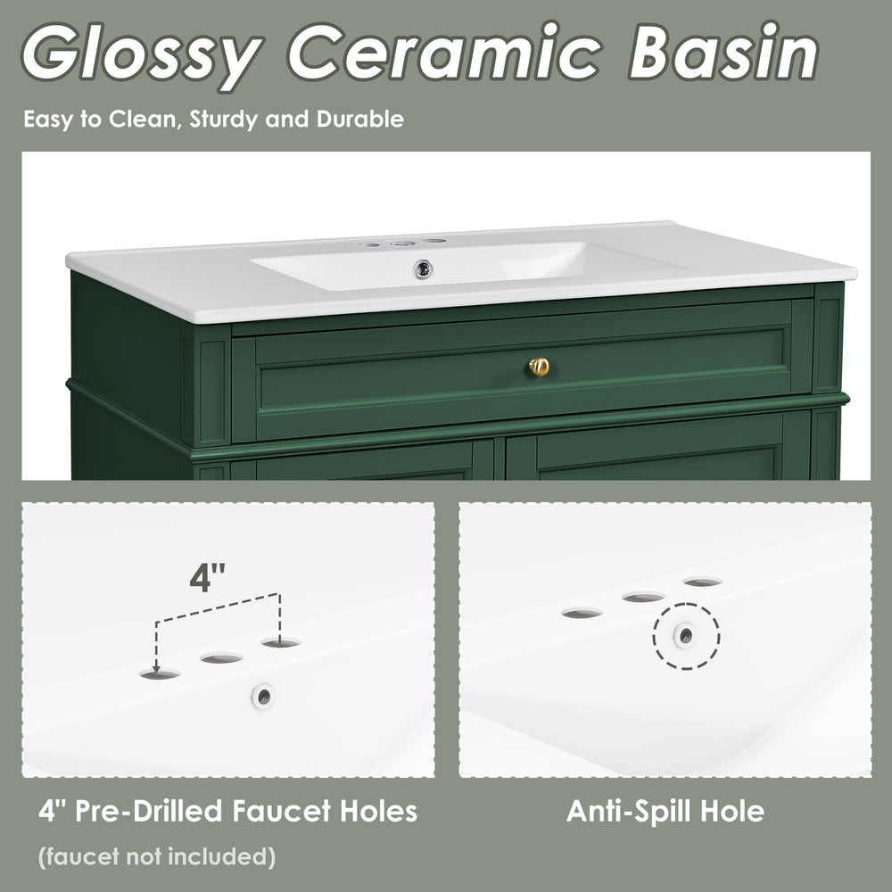 English Elm 36'' Modern Bathroom Vanity With Ceramic Top Sink, Soft-Close Drawers & Elegant Green Finish N710P230246F
