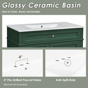 English Elm 36'' Modern Bathroom Vanity With Ceramic Top Sink, Soft-Close Drawers & Elegant Green Finish N710P230246F