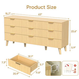 English Elm 9 Drawer Fluted Wood Dresser with Bohemian Texture for Bedroom Nursery or Entryway T3773P415598