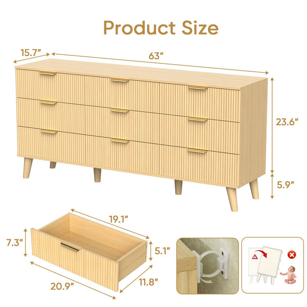 English Elm 9 Drawer Fluted Wood Dresser with Bohemian Texture for Bedroom Nursery or Entryway T3773P415598