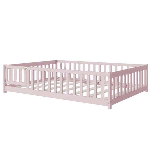 English Elm Twin Solid Rubberwood Floor Bed with Full Perimeter Safety Rails for Toddler Rooms Pink W504P296791