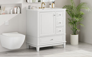 English Elm Christopher Knight Home® - 30" Freestanding Bathroom Vanity with Ceramic Sink, Soft-Close Door, Gold Knobs & 3 Drawers, Durable Painted Finish White N759P225994K