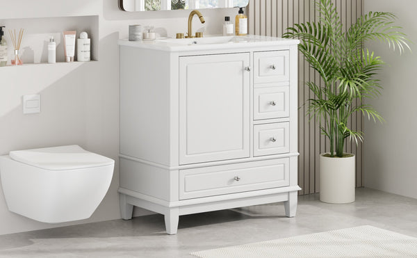English Elm Christopher Knight Home® - 30" Freestanding Bathroom Vanity with Ceramic Sink, Soft-Close Door, Gold Knobs & 3 Drawers, Durable Painted Finish White N759P225994K