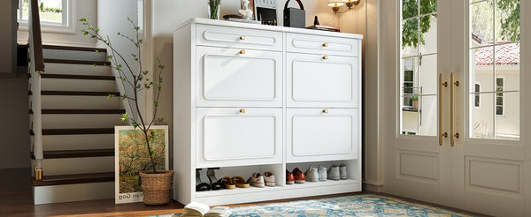 English Elm Wooden Farmhouse Entryway Shoe Cabinet with Six Drawers for Organized Hallway Storage Light White W1580P402825