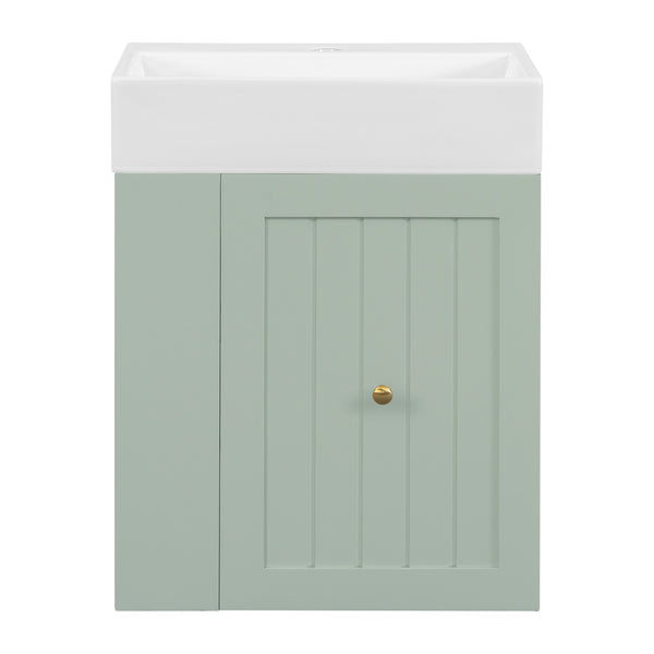 English Elm 20-Inch Compact Bathroom Vanity with Ceramic Sink, Wall-Mounted MDF Cabinet, Modern Space-Saver Design Green N725P314023F