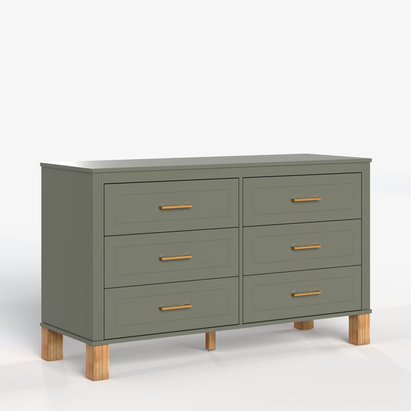 English Elm 6-drawer Double Dresser Solid Wood Legs Mid-century Modern Bedroom Storage Cabinet Olive W1445S00005