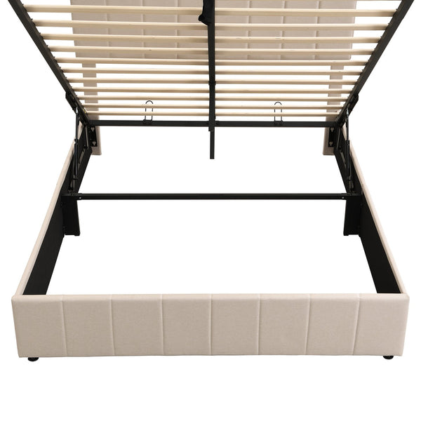 English Elm Queen Linen Upholstered Platform Bed with Hydraulic Lift Storage and Padded Headboard N708P201552A