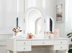 English Elm AGODY Mirrored Vanity with LED Light and Solid Rubber Wood Frame, Skin-Friendly PU Seat for Bedroom Antique White W2170P208420
