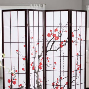 English Elm 70" Elegant 4-Panel Room Divider With Plum Blossom Design, Black Frame For Privacy & Style B072115960