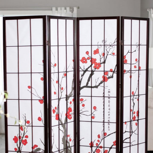 English Elm 70" Elegant 4-Panel Room Divider With Plum Blossom Design, Black Frame For Privacy & Style B072115960