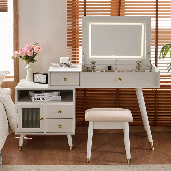 English Elm 3-in-1 Vanity Desk with LED Flip Mirror, Compact Makeup/Dressing Table with Storage Drawers & Stool White N844P291656A
