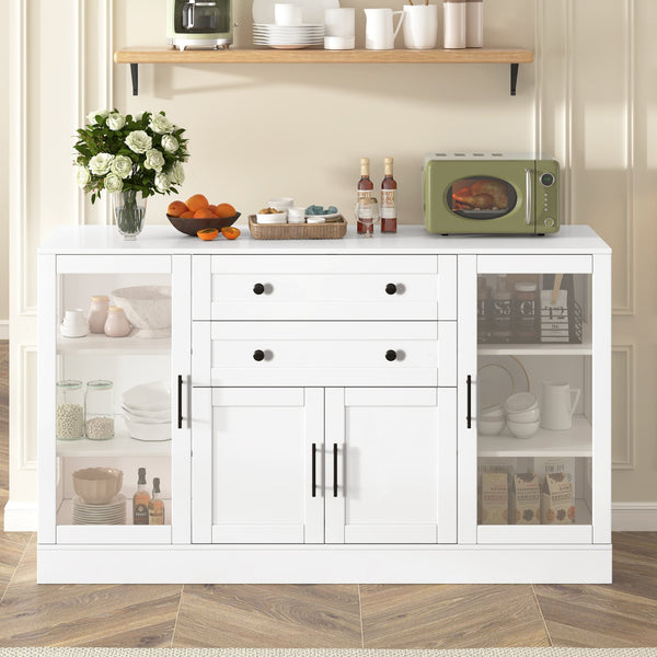 English Elm U-style Modern Buffet Sideboard with Acrylic Doors Power Outlet and Adjustable Storage White N711P437648K