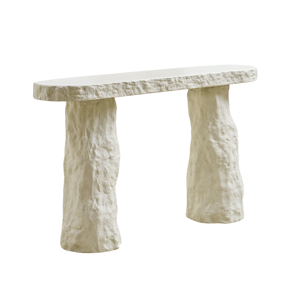 English Elm 53.94 Inch Sculptural Fiberglass Console Table with Stone Look Pillar Legs for Entryway W2582S00199