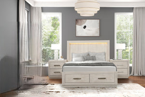 English Elm King Platform Bed Set with Led Headboard Oak Veneer Storage and Two Nightstands B2741S00863