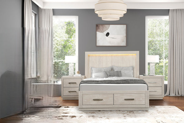 English Elm King Platform Bed Set with Led Headboard Oak Veneer Storage and Two Nightstands B2741S00863