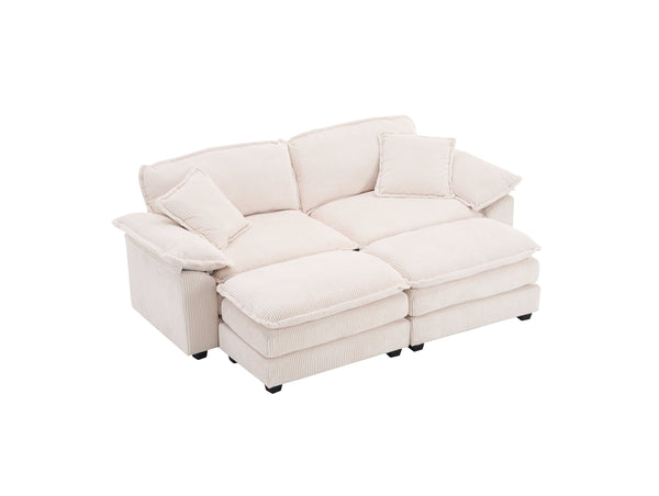 English Elm Corduroy Plush 2-Seat Sofa with 2 Back Cushions, Toss Pillows & Ottomans — Deep Seat Comfort White W2363S00062
