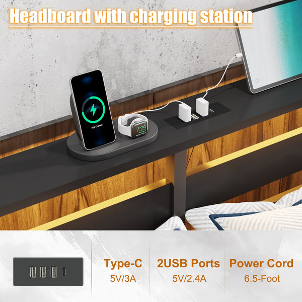 English Elm Full Size Platform Bed with Wood Headboard Led Lighting and Usb Charging Storage W311P416241