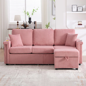English Elm UNITED Corduroy L-Shaped Sectional Sofa with Storage Ottoman, USB Ports, Cup Holders & LED Lighting Pink W1568P332401