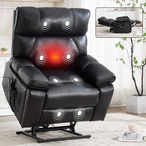 English Elm Black Leatheraire Power Lift Recliner with Massage Heat and 350 Lb Dual Motor W1803P340318
