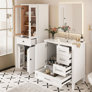 English Elm 67.57" Tall Matte Cabinet Vanity Combo with Glass Doors Soft-close Drawers Sink White N729P000033K