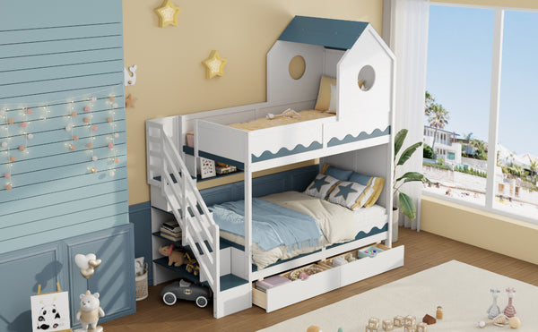 English Elm Twin Over Kids Bunk Bed with Castle Roofline Led Lights and Staircase Storage White N820S00068K