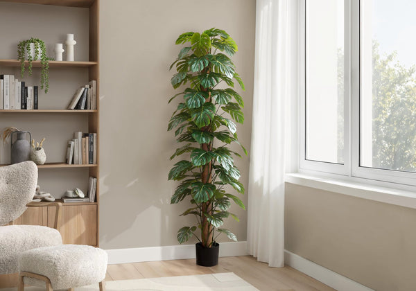 English Elm Artificial Monstera Tree 83" Tall Realistic Floor Plant with 78 Lush Leaves in Black Pot, No Maintenance Green 60 L x 15 W x 10 H B2710P287102