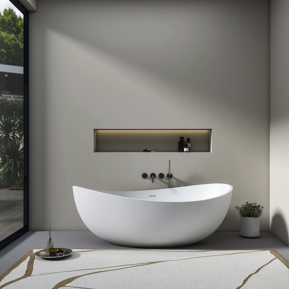 English Elm 70 Inch Stone Resin Freestanding Soaking Tub Matte White Sculptural Spa Bath W1613P436815