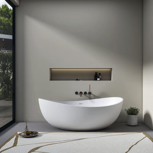 English Elm 70 Inch Stone Resin Freestanding Soaking Tub Matte White Sculptural Spa Bath W1613P436815