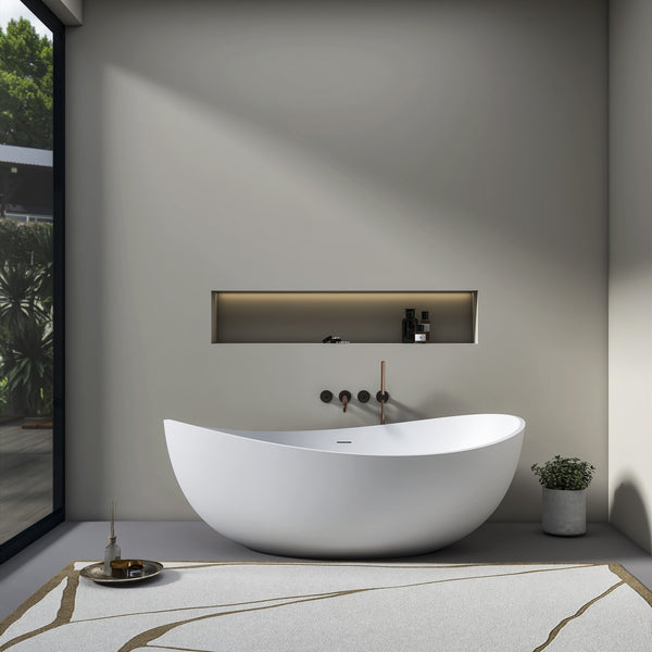 English Elm 70 Inch Stone Resin Freestanding Soaking Tub Matte White Sculptural Spa Bath W1613P436815