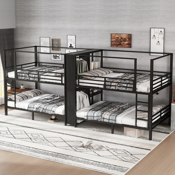 English Elm Full Size Quadruple Metal Bunk Bed With Storage & Wardrobe - Sturdy Design For Space-Saving Comfort W1580S00155