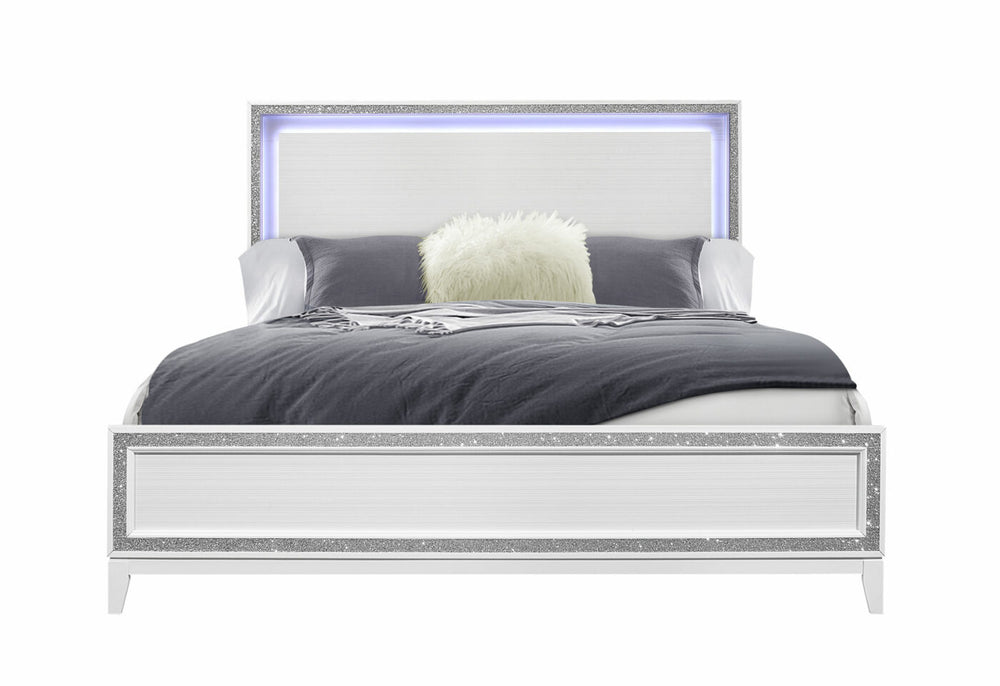 English Elm ALMERA Glam Transitional Full Bed with Crushed Crystal Trim, Solid Wood + MDF Construction, Elegant Finish White 84 L x 8 W x 3 H B201S00102