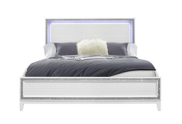 English Elm ALMERA Glam Transitional Full Bed with Crushed Crystal Trim, Solid Wood + MDF Construction, Elegant Finish White 84 L x 8 W x 3 H B201S00102