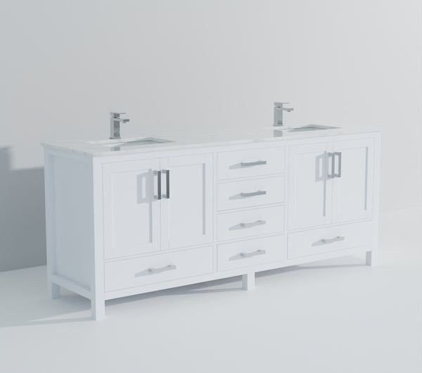 English Elm White Double Bath Vanity 84" W x 22" D with Carrara Marble Top, 14 Drawers, Soft-Close, Faucet Included B2731P259146