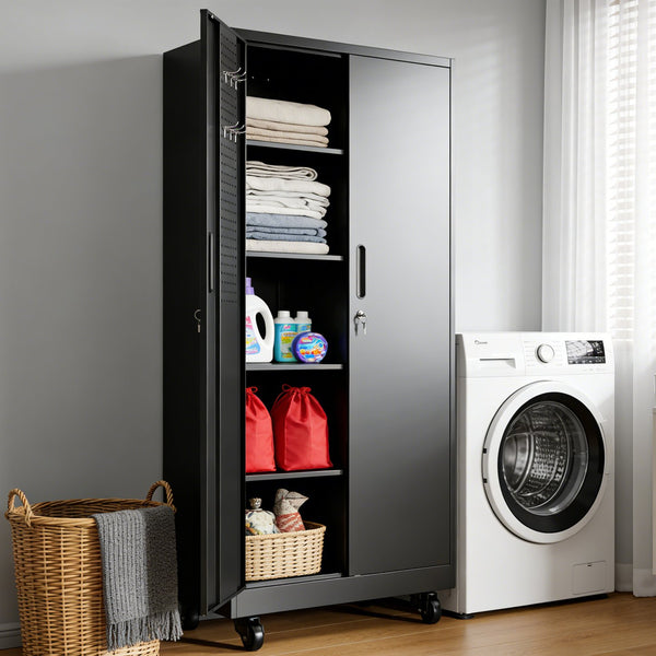 English Elm Heavy Steel Garage Cabinet with Pegboard Doors Locking Wheels and Adjustable Shelving T2398P465997