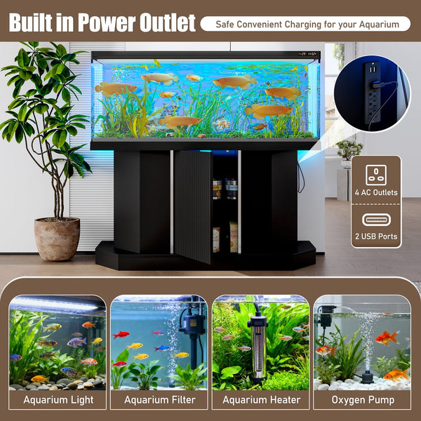 English Elm Modern Engineered Wood Aquarium Stand with Cabinet & Power Hub, 880lb Capacity, Sleek Black Storage N704P350199B