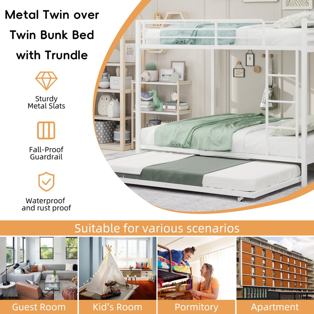 English Elm Durable Iron Bunk Bed with Trundle Safety Rails Kids Guest Twin Full Metal W1935P360857