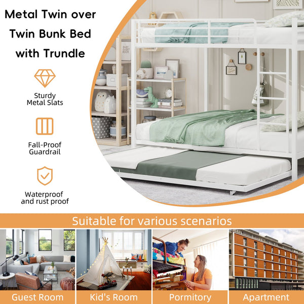 English Elm Durable Iron Bunk Bed with Trundle Safety Rails Kids Guest Twin Full Metal W1935P360857