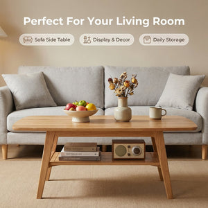 English Elm Mid Century Modern Solid Oak Two Tier Coffee Table with Open Shelf for Living Room Wood W3204P469106