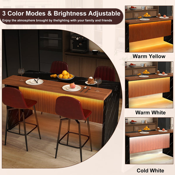 English Elm 63-Inch Modern Kitchen Island Set With 4 Bar Stools, Black Marble Surface & Led Lighting For Dining W2699S00067