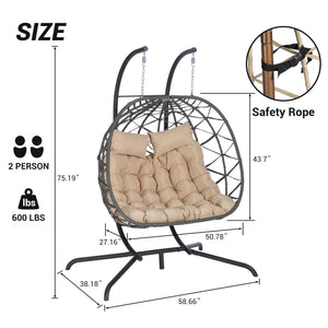 English Elm Double Hanging Wicker Egg Chair with Iron Stand Outdoor Uv Resistant 600 Lb Patio Swing W874P270569