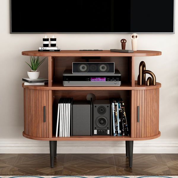 English Elm Large Mid Century Walnut Turntable Stand with Vinyl Storage and Built in Usb Charging W2641P442531