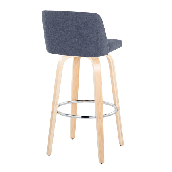 English Elm 30" Swivel Barstools Set of 2 Bentwood Legs Blue Upholstered Seat Chrome Footrest B202S00668