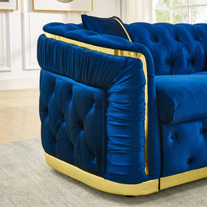 English Elm 2 Piece Velvet Chesterfield Sofa Set with Gold Steel Trim Button Tufted Living Room Couch Navy Blue W1191S00101