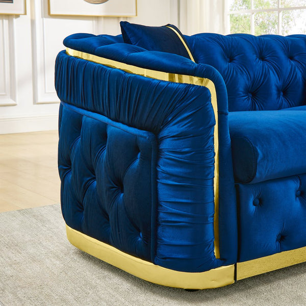 English Elm 2 Piece Velvet Chesterfield Sofa Set with Gold Steel Trim Button Tufted Living Room Couch Navy Blue W1191S00101