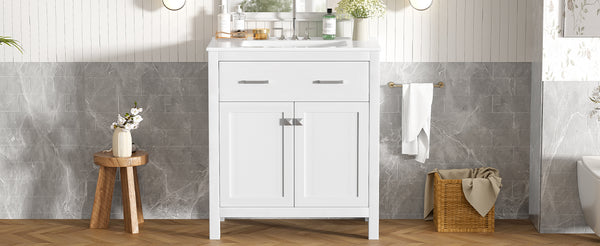 English Elm 30-inch Modern Bathroom Vanity with Ceramic Sink, Gold Accents, Solid Wood Frame, Soft-Close Doors and Ample Storage White WF324045AAK