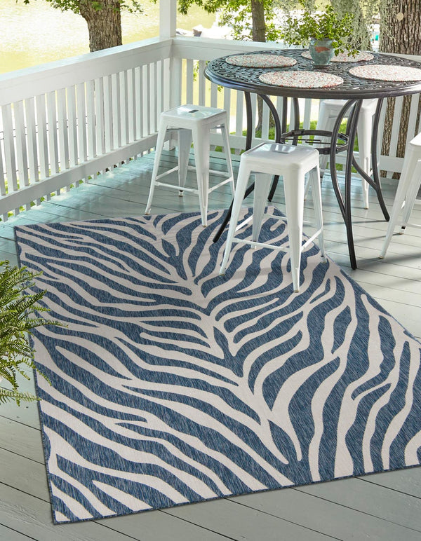 Unique Loom Outdoor Safari Tsavo Machine Made Animal Print Rug Blue, Ivory 9' 0" x 12' 0"