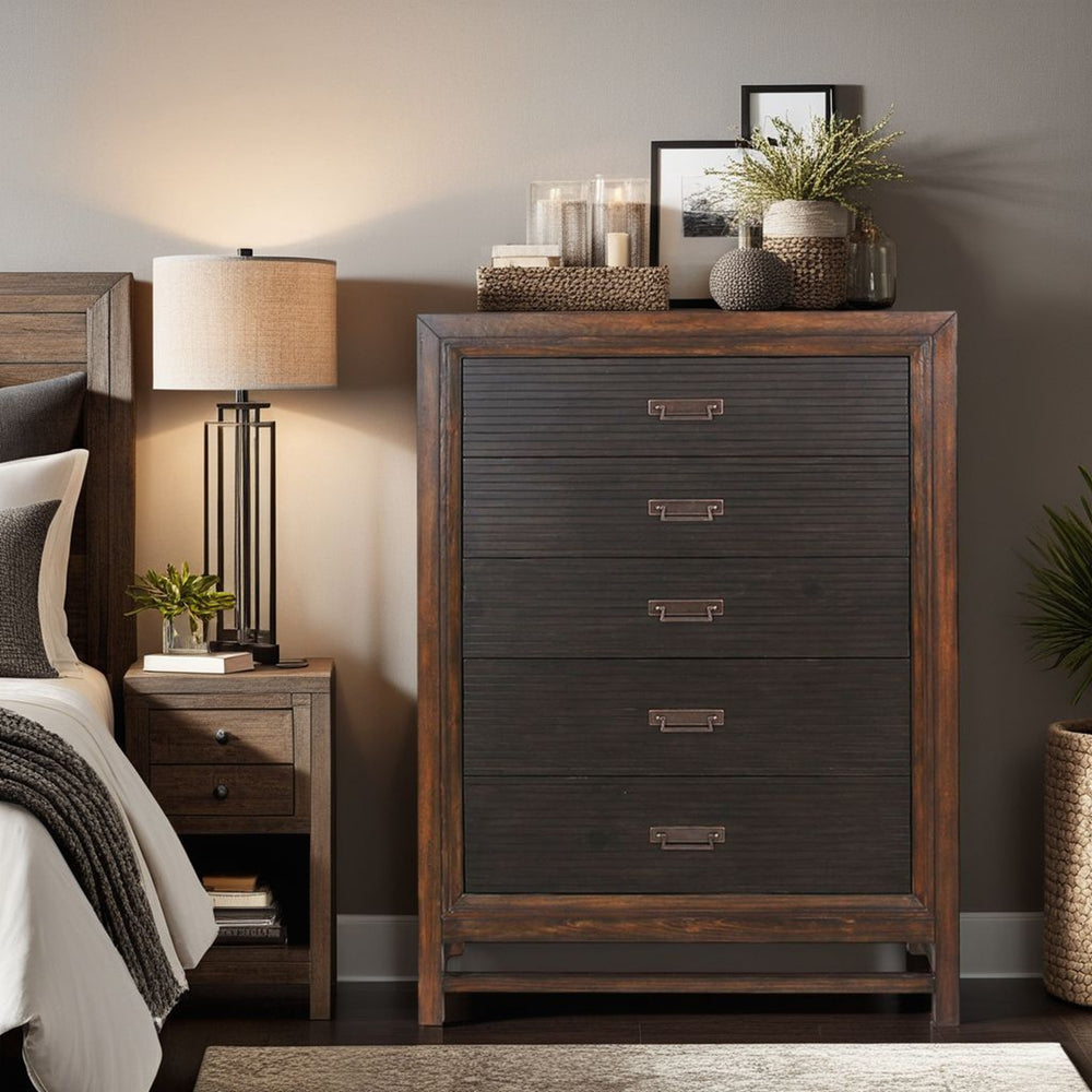 English Elm Five-Drawer Chest in Two-Tone Rustic Buckeye & Black Finish with Antique Brass Hardware, Ready-to-Use B108P163826